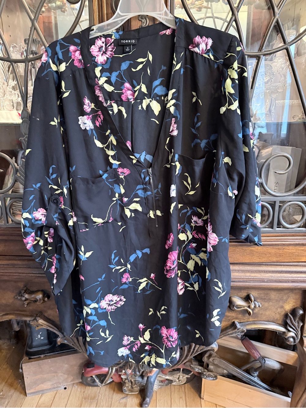 Torrid Black Floral V-Neck Top with Pink & Blue Blooms